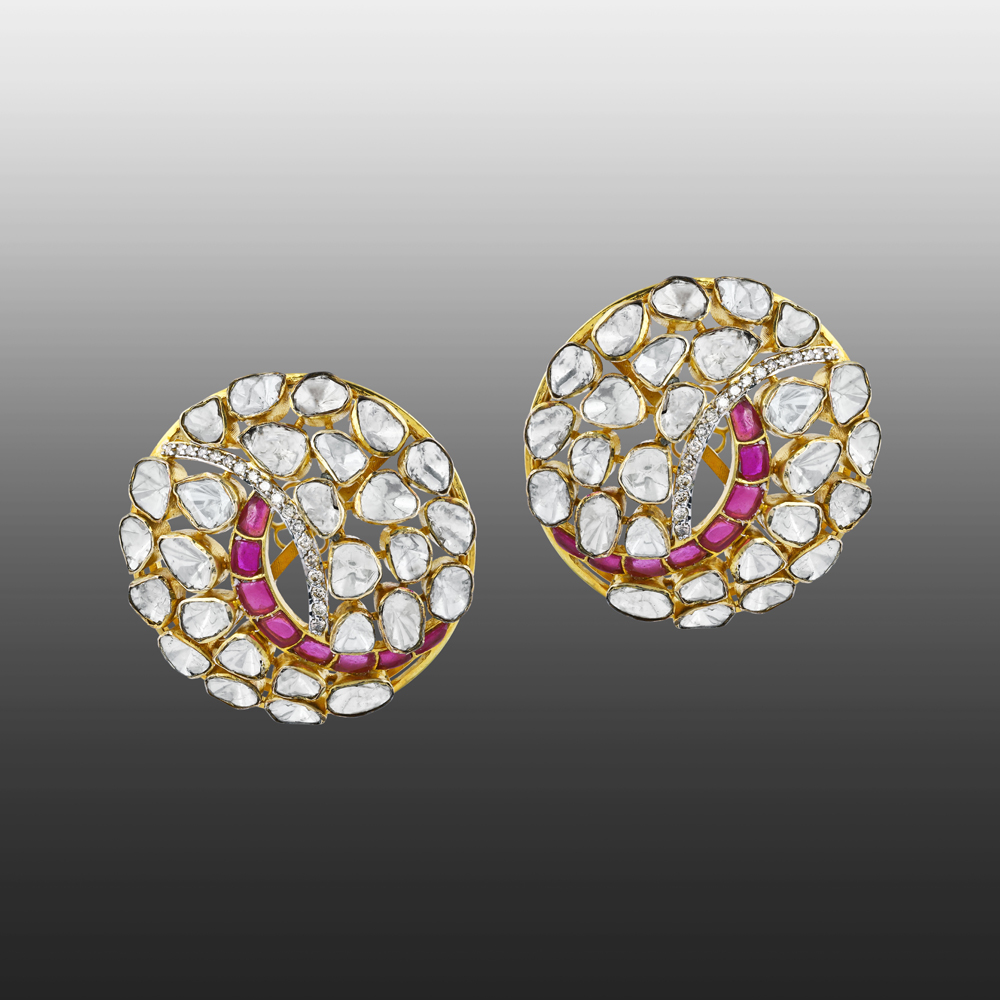 Round Polki Earrings with Pink Swirl Accent